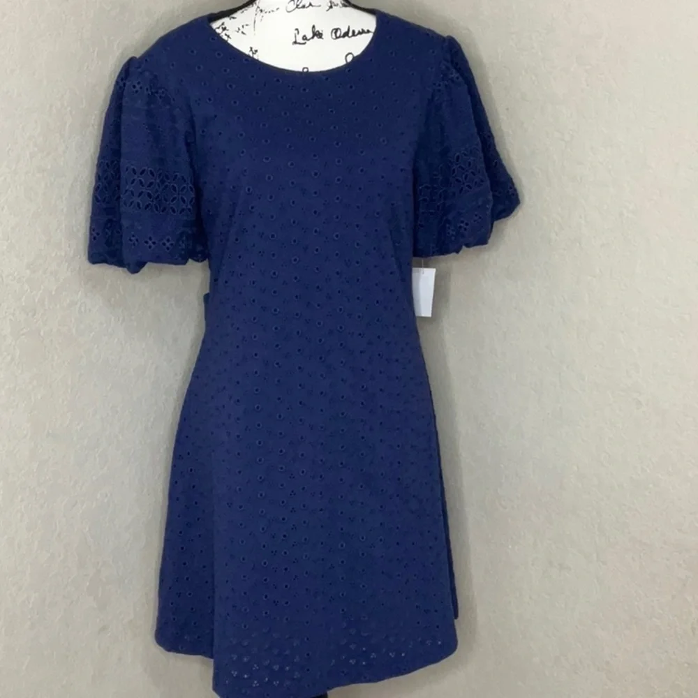 146 0 Free People NWOT Navy Blue Ruffled Puff Sleeve Dress, Size Large